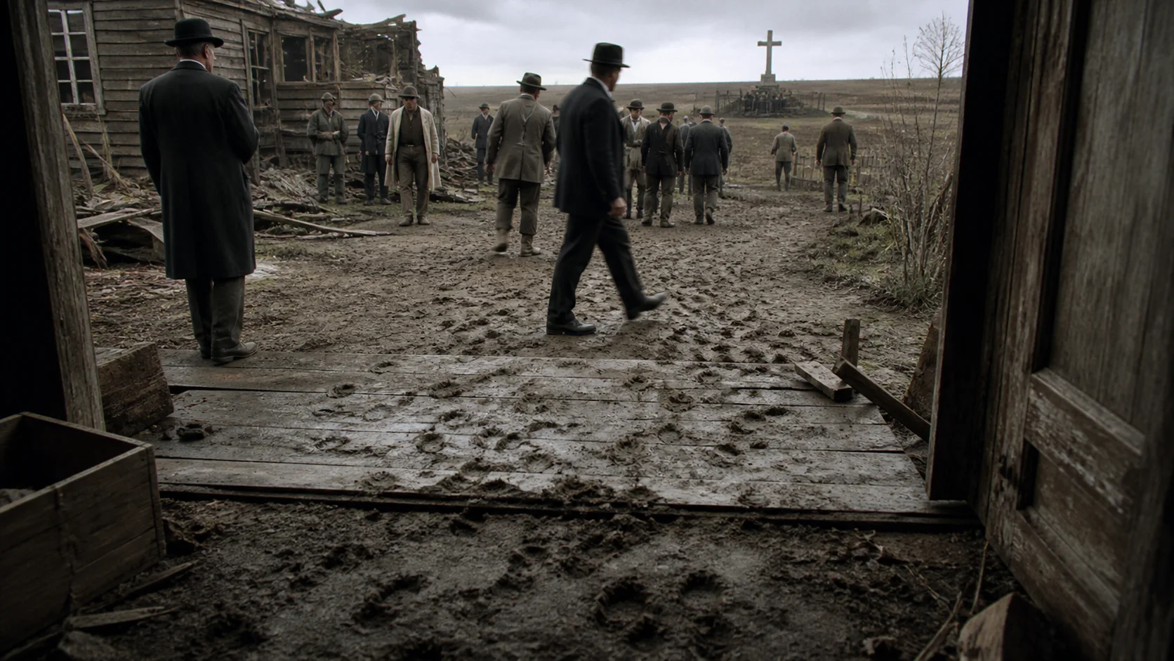 Numerous visitors crossing a muddy farmhouse threshold before the site became a memorial