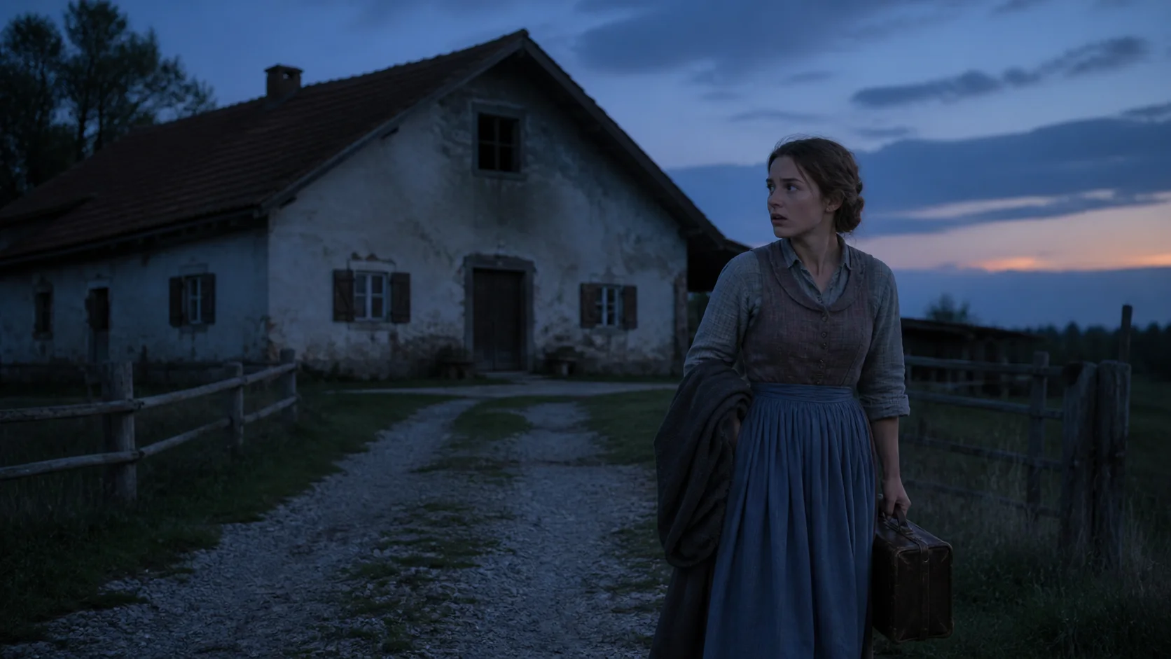 Farm worker leaving an isolated Bavarian farmhouse with a suitcase at twilight