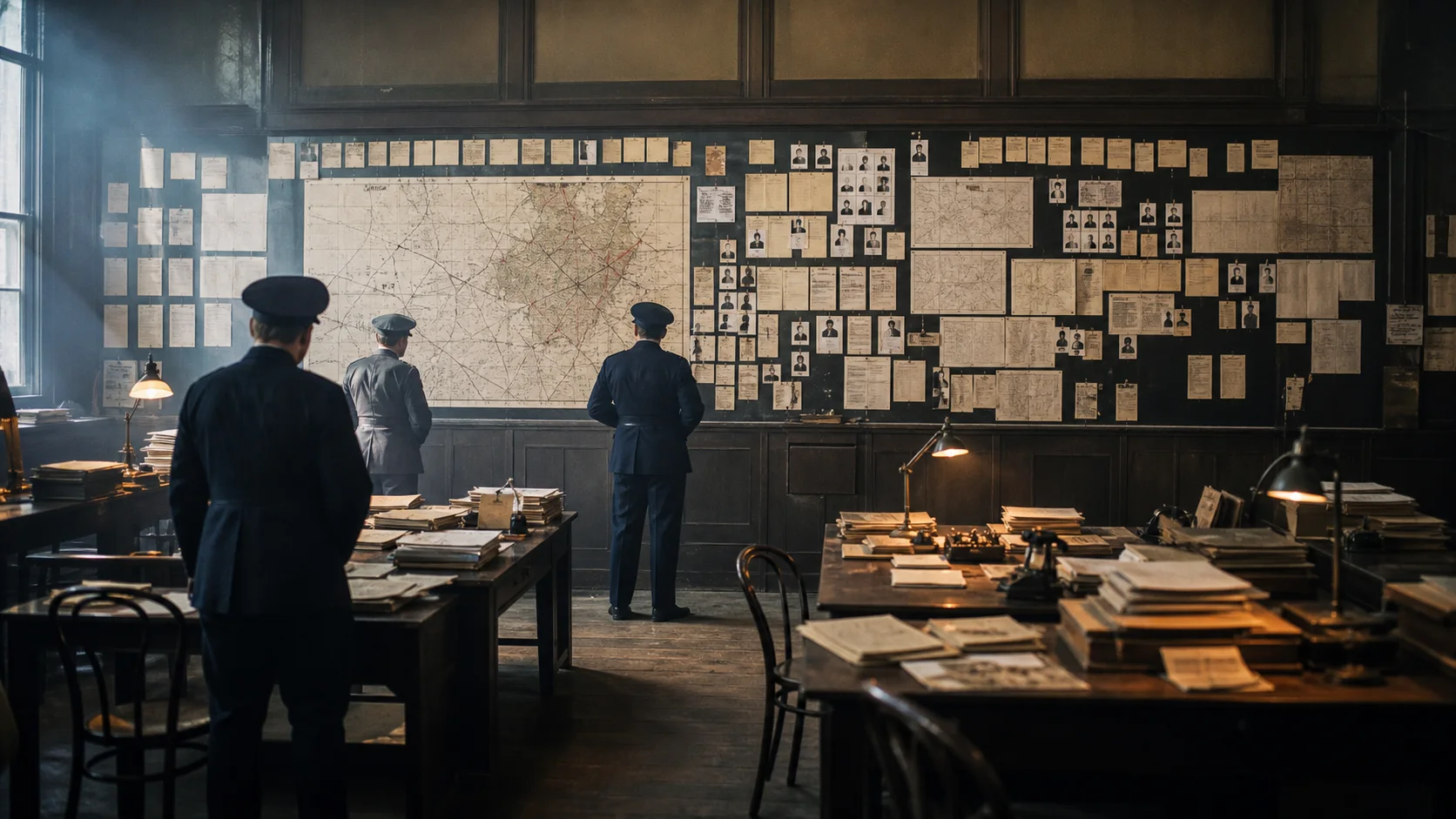 1920s investigators reviewing a vast wall of maps and interview cards
