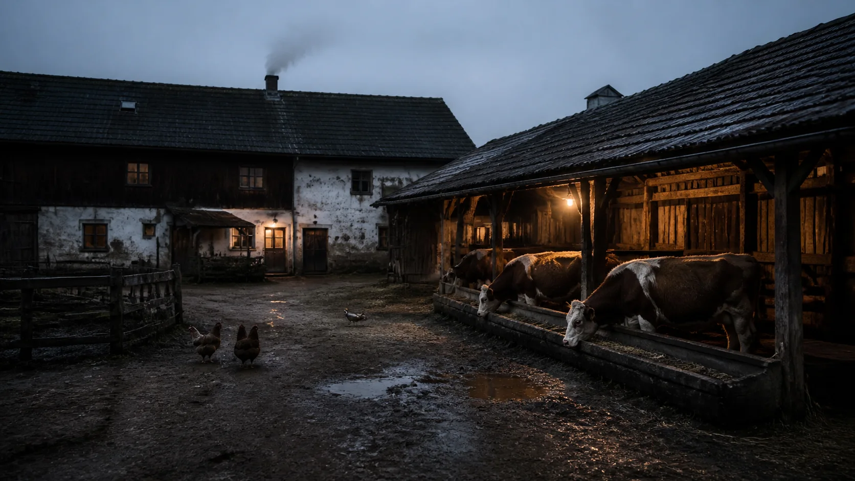 Smoking farmhouse chimney and freshly fed livestock after the household fell silent