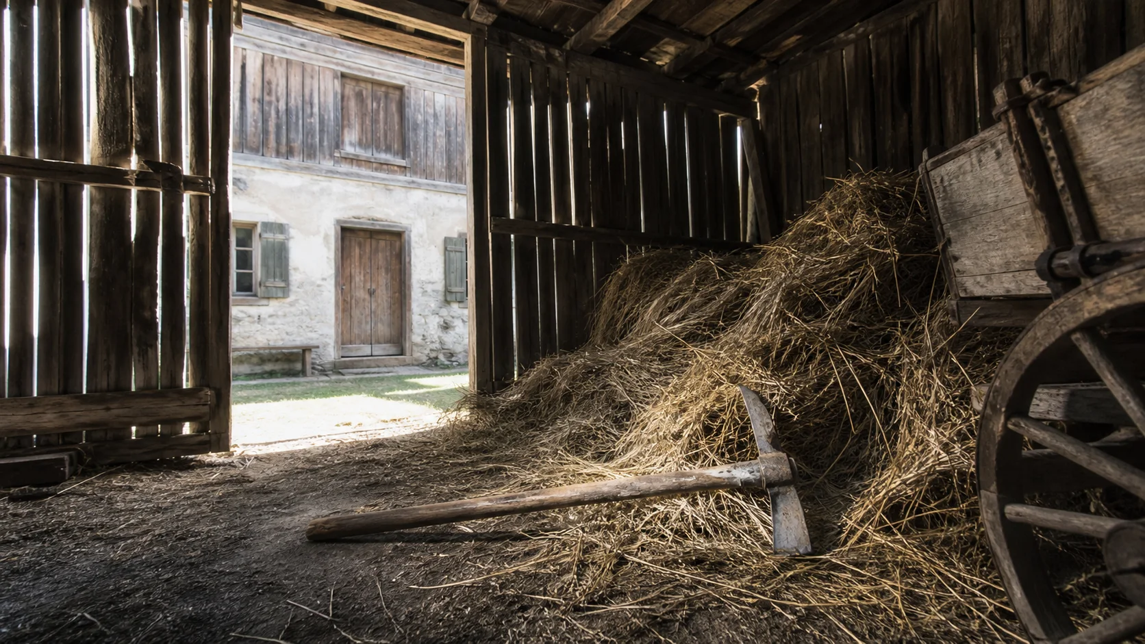 Weathered mattock resting inside a period Bavarian barn as an evidence reconstruction