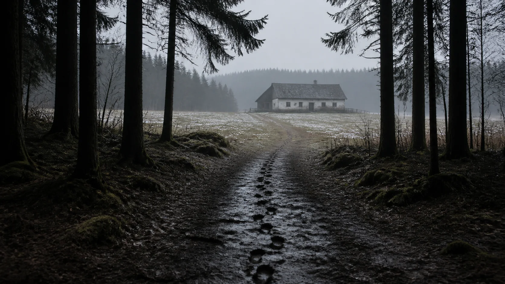 One-way trail of bootprints leading from a Bavarian forest toward the farm