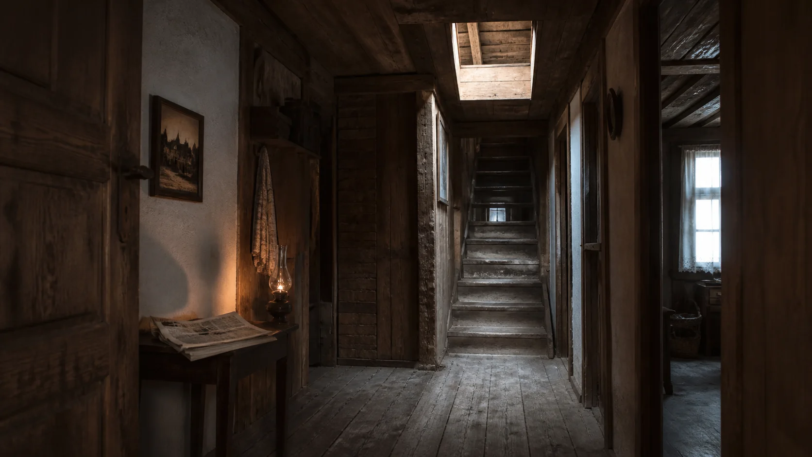 Open attic hatch and an unfamiliar newspaper inside a 1922 Bavarian farmhouse