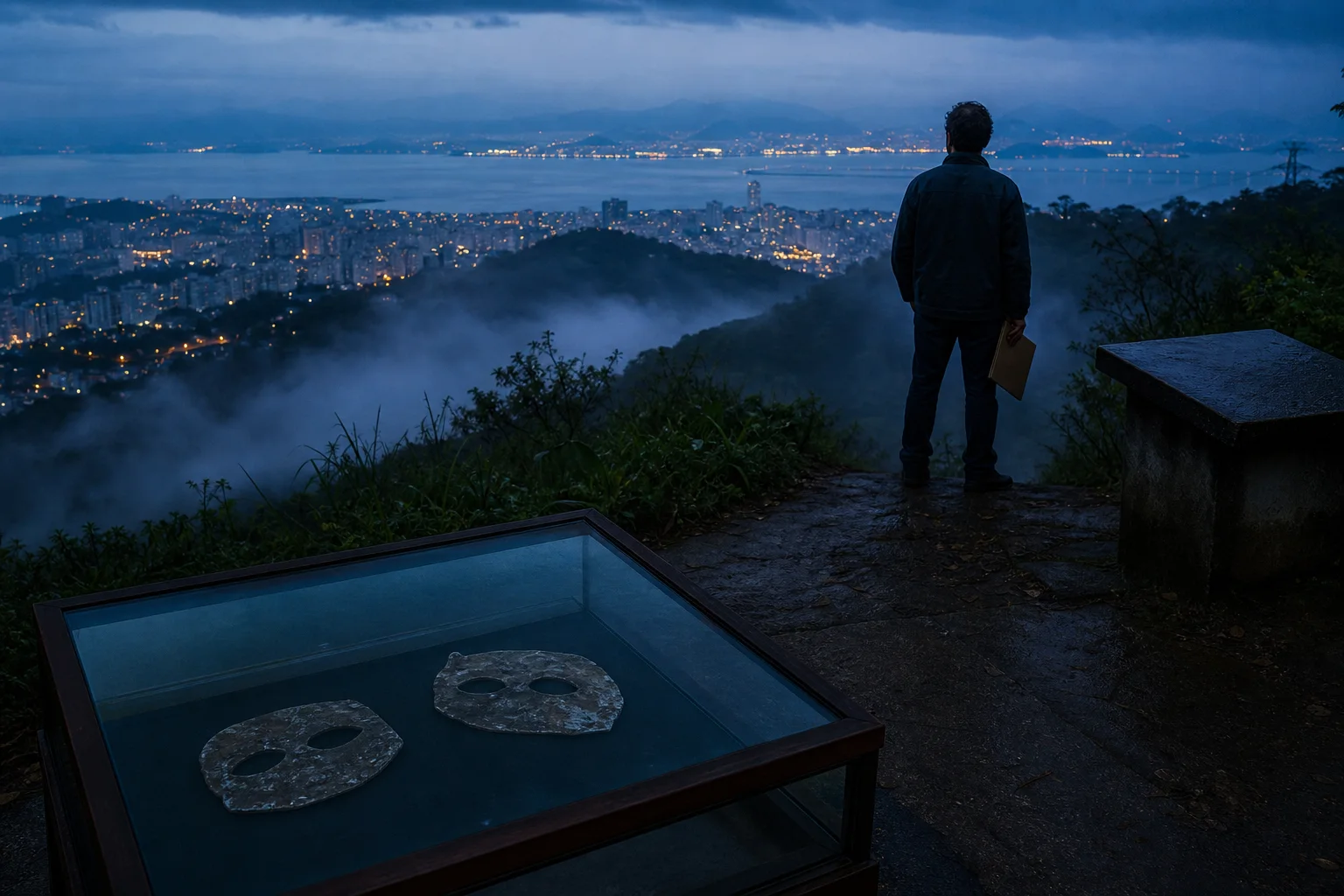 Researcher overlooking modern Niterói beside a display of two lead masks at dusk