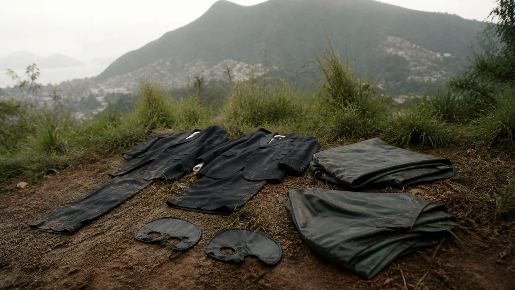Two empty raincoats, dark suits, and crude lead eye masks arranged on Morro do Vintém