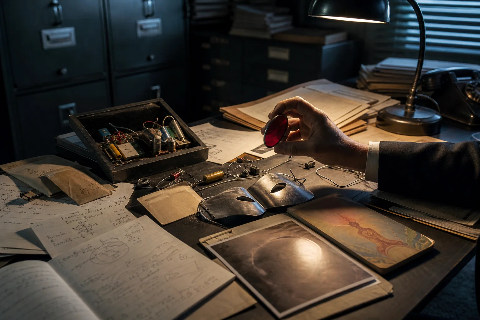 Investigator comparing electronics, colored glass, lead masks, and incomplete theory files