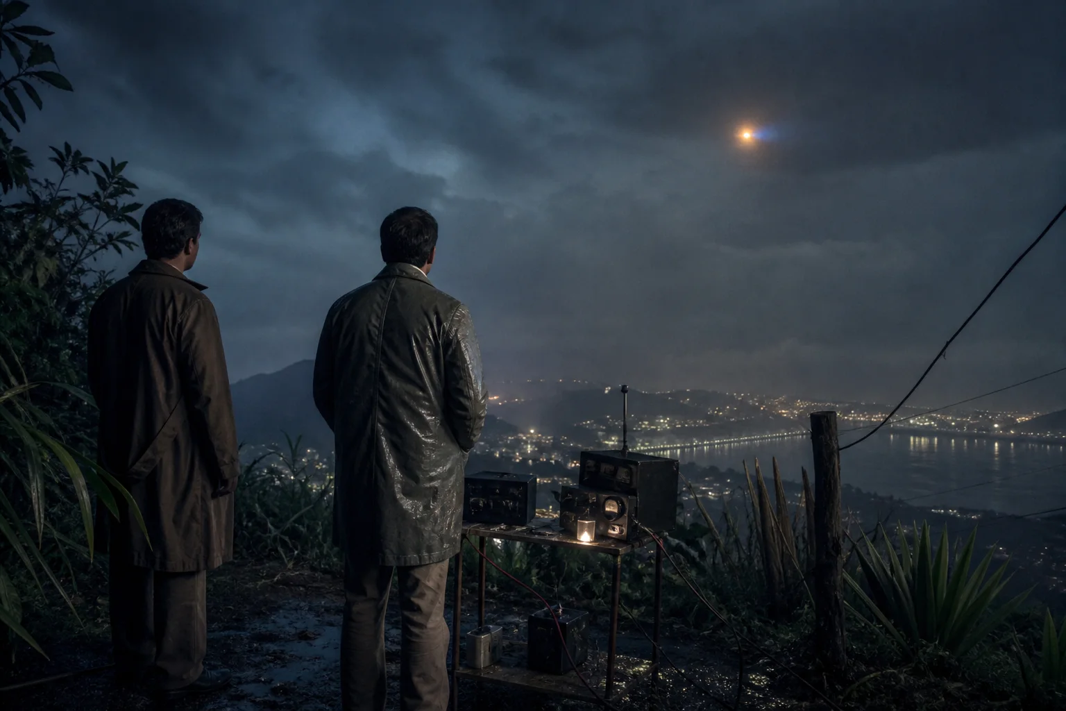 Two technicians beside radio equipment watching an ambiguous distant light above Niterói