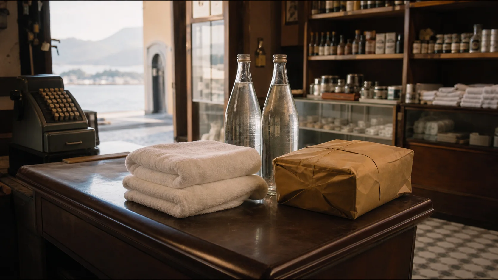 Bottled water and folded towels on the counter of a 1966 Niterói shop