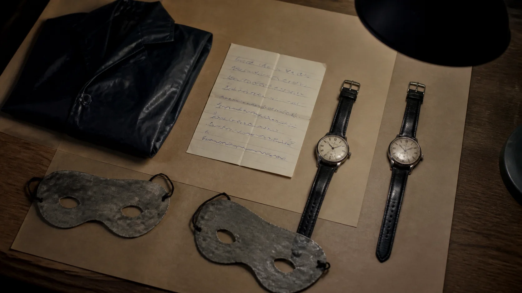 Two watches, crude lead masks, and a handwritten note arranged as an evidence reconstruction