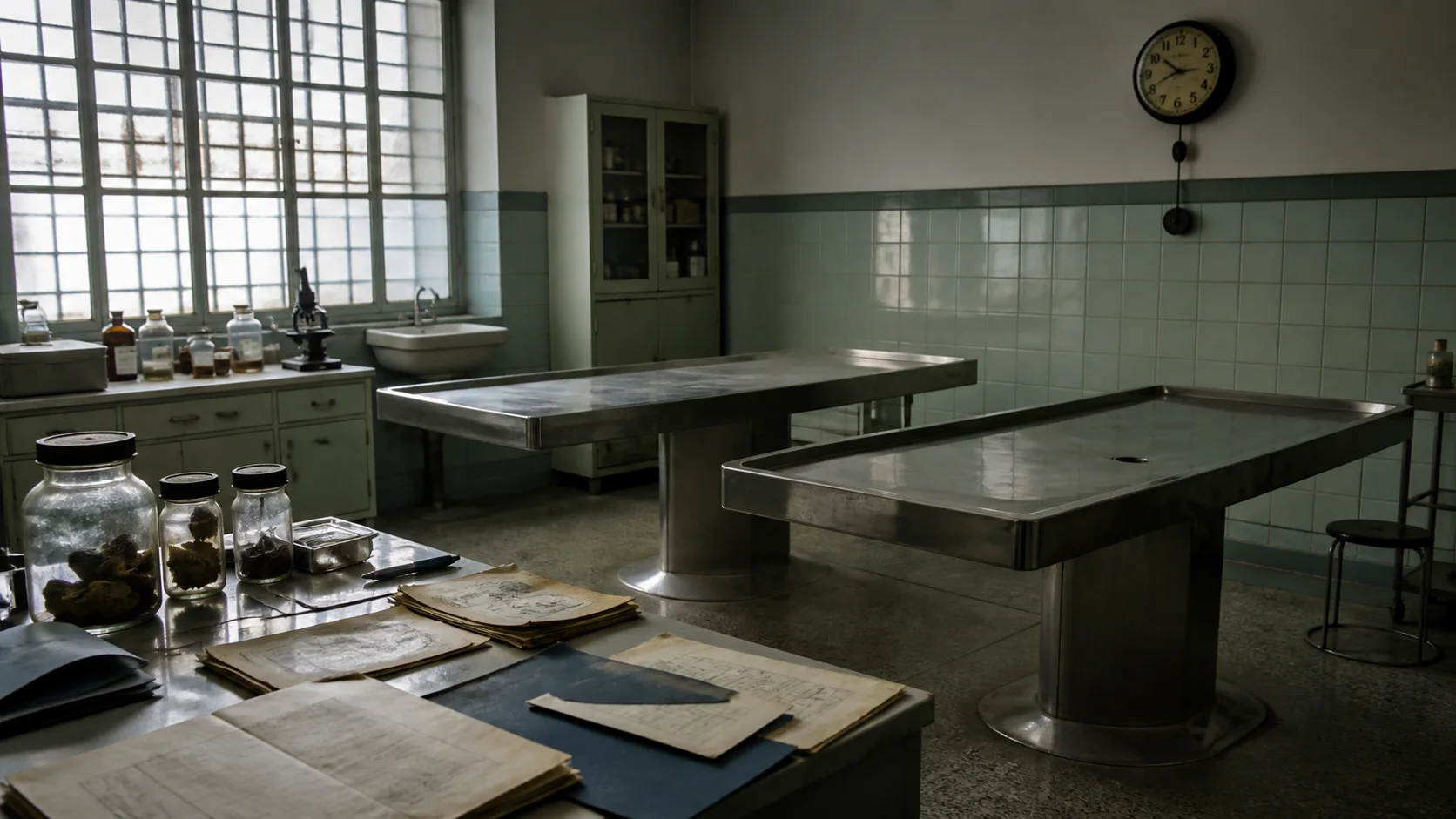 Empty 1960s forensic laboratory with inconclusive case files on a steel table