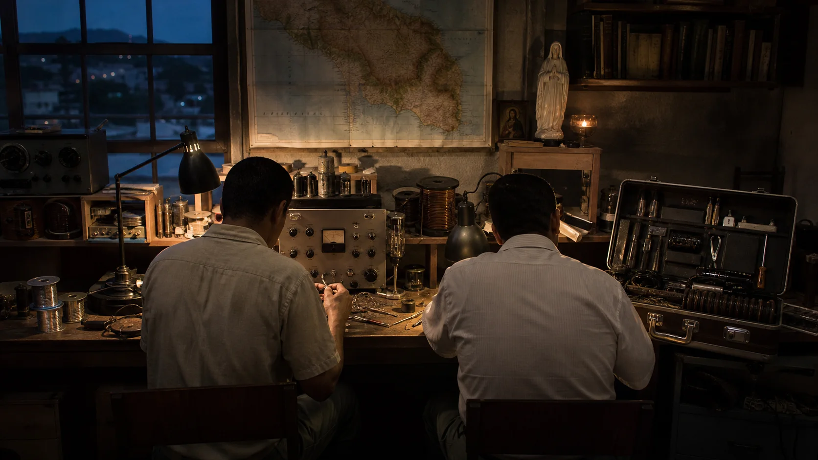Two 1960s Brazilian electronics technicians working at an analog radio bench