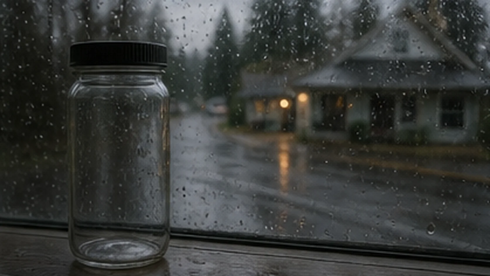 Empty specimen jar beside a rain-streaked window overlooking a quiet Oakville road