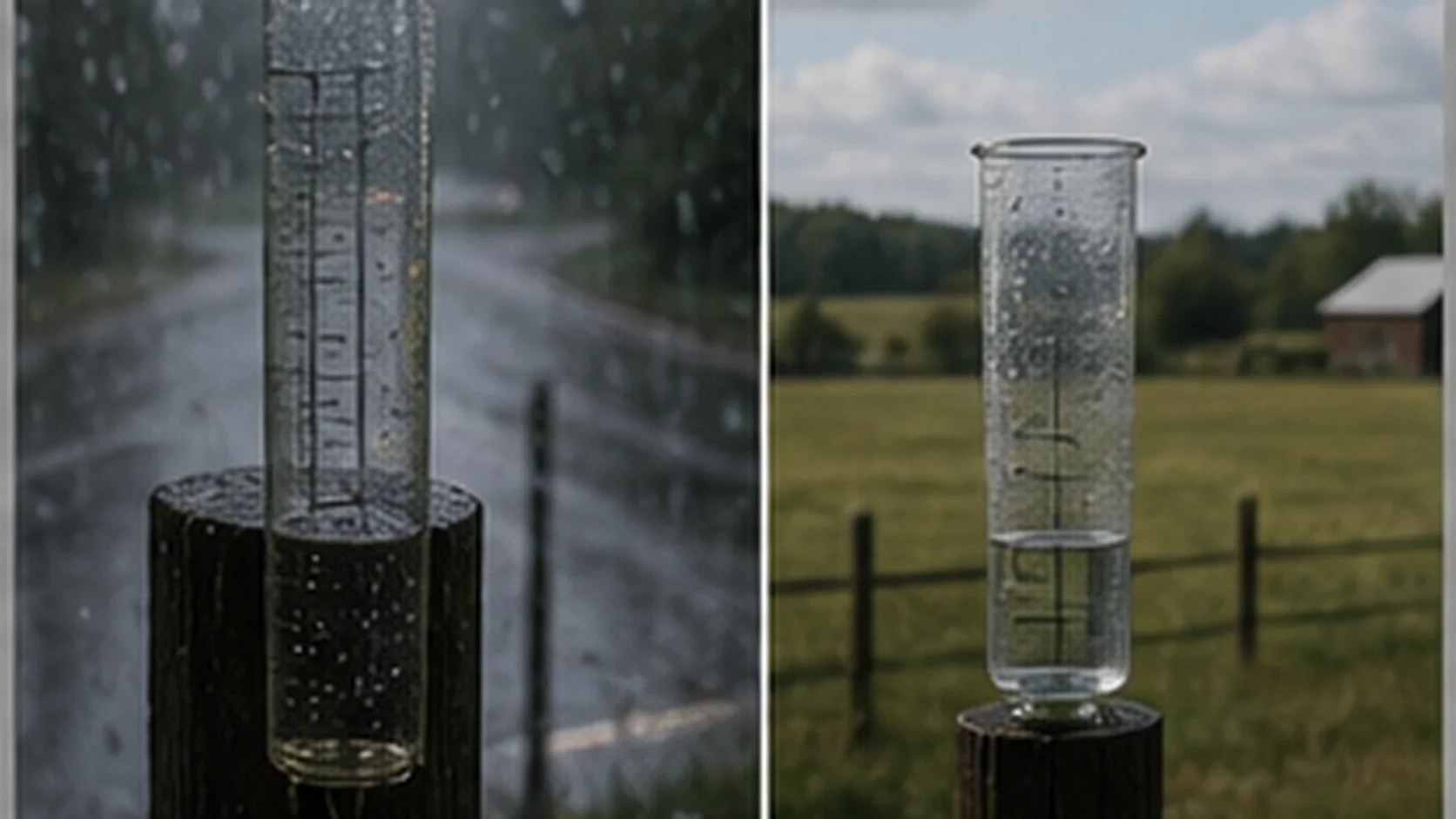 Rain gauge shown during a storm and again after the weather cleared