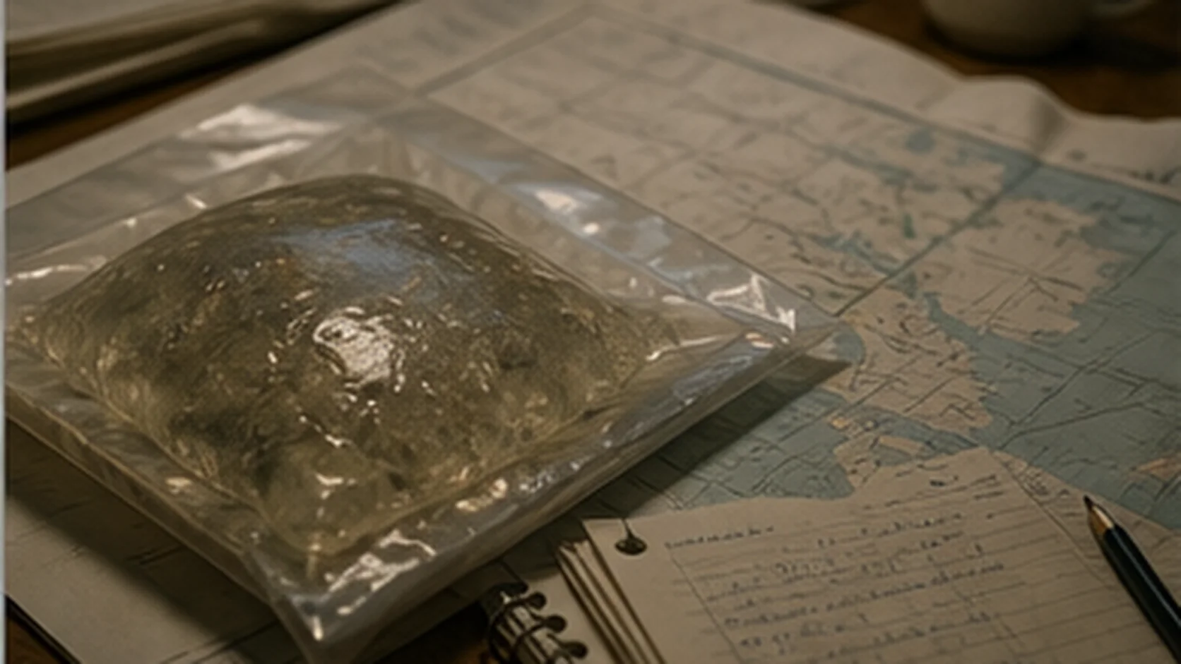 Sealed translucent sample on an emergency planning map representing an unconfirmed theory