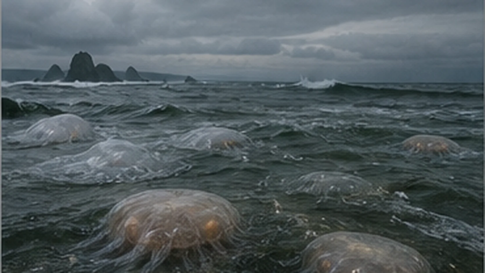 Rough Pacific water with jellyfish and a distant aircraft representing an unproven theory