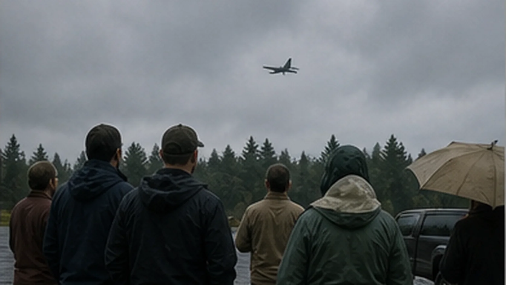 Oakville residents beneath rain clouds watching a distant aircraft