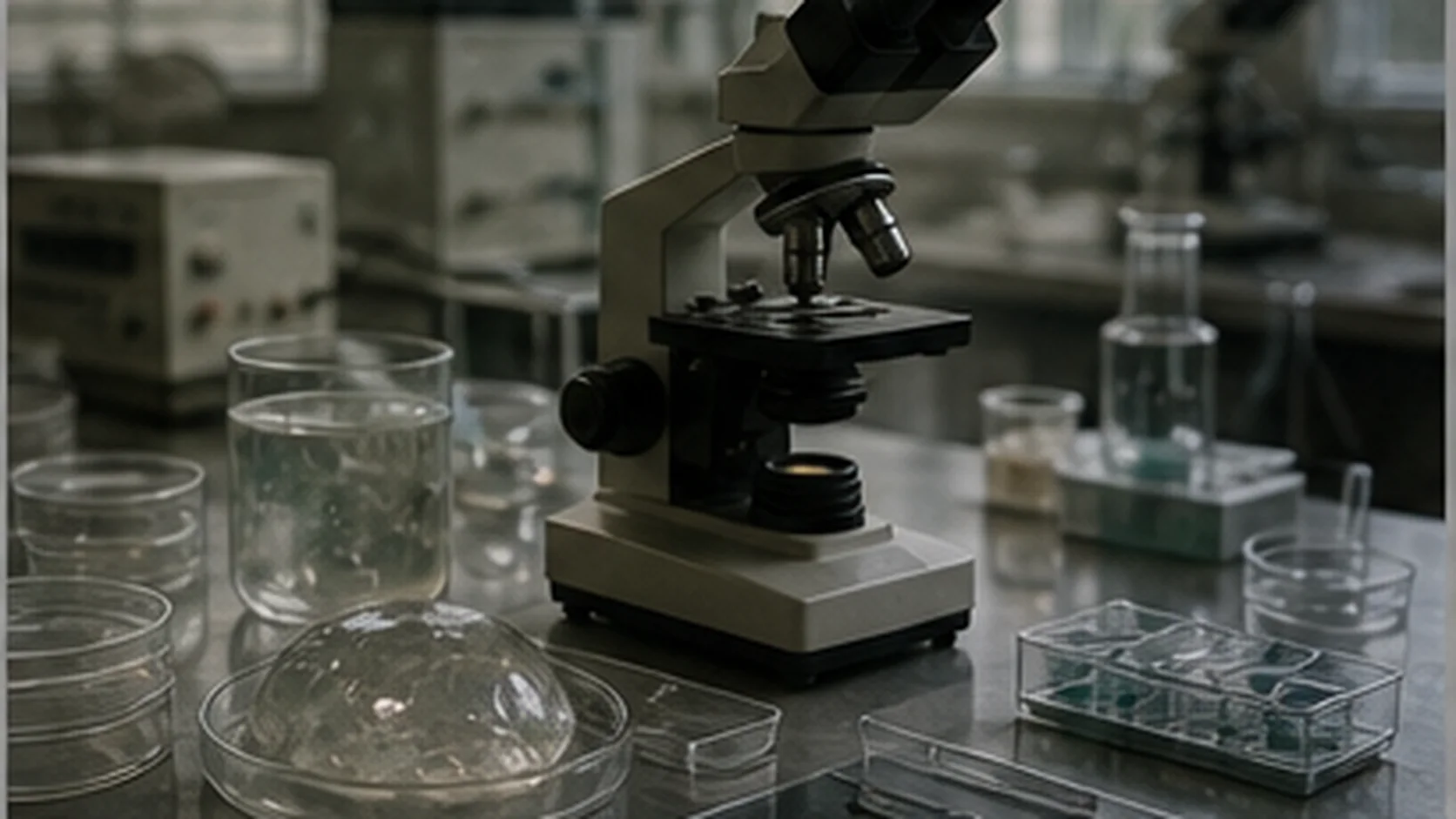 1990s laboratory examining a translucent sample with microscope and culture dishes