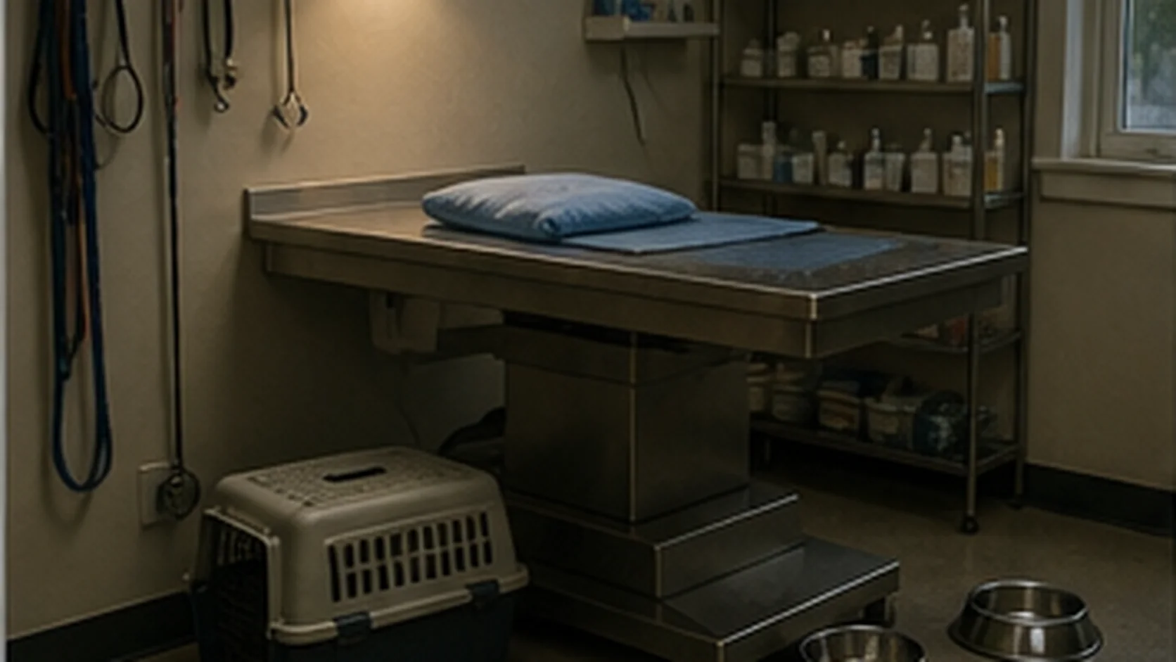 Empty veterinary exam room with pet carrier, bowls, and leash