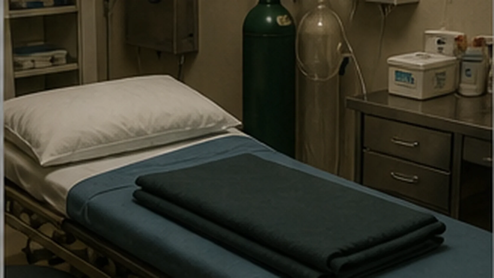 Quiet rural clinic treatment room with oxygen equipment and folded blankets