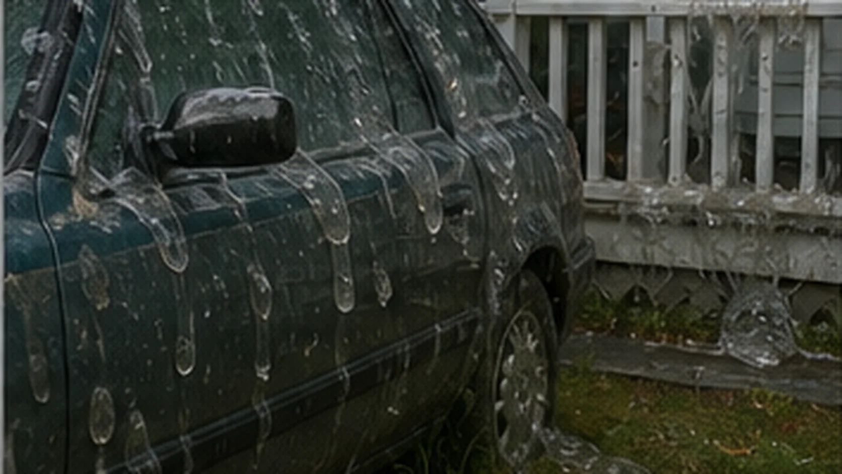 Clear gelatinous material coating a parked car, porch, and wet grass