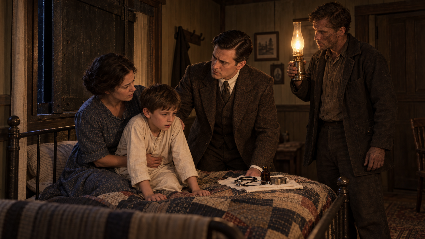 Hattie supports Caleb on the bed beside the shuttered window as Dr. Novak examines him and Ned holds the lamp.