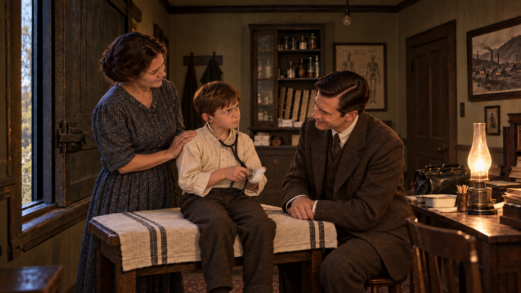 Caleb holds a stethoscope against his bandaged thumb while Hattie and Dr. Novak watch.