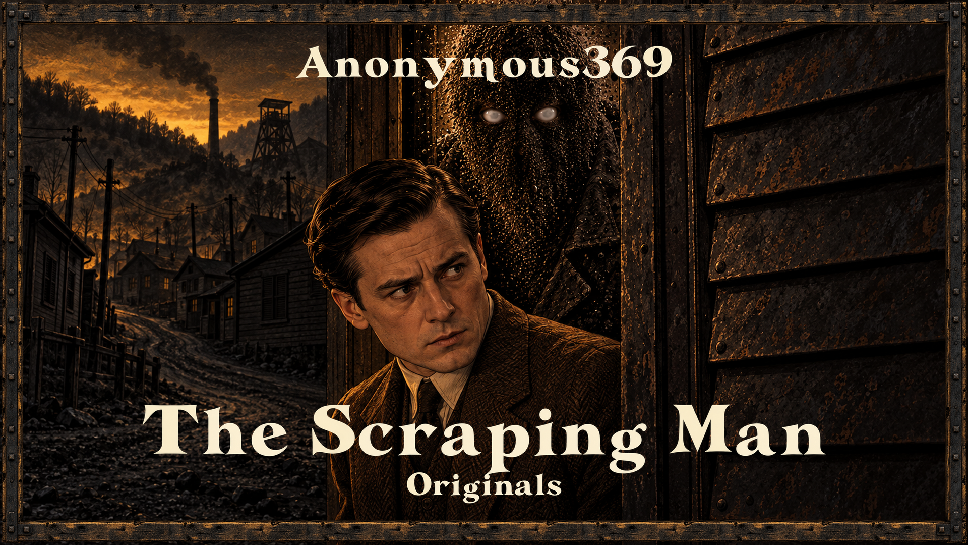 The Scraping Man cover, showing Dr. Novak beside an iron shutter, a coal-dust figure and a fictional coal town.