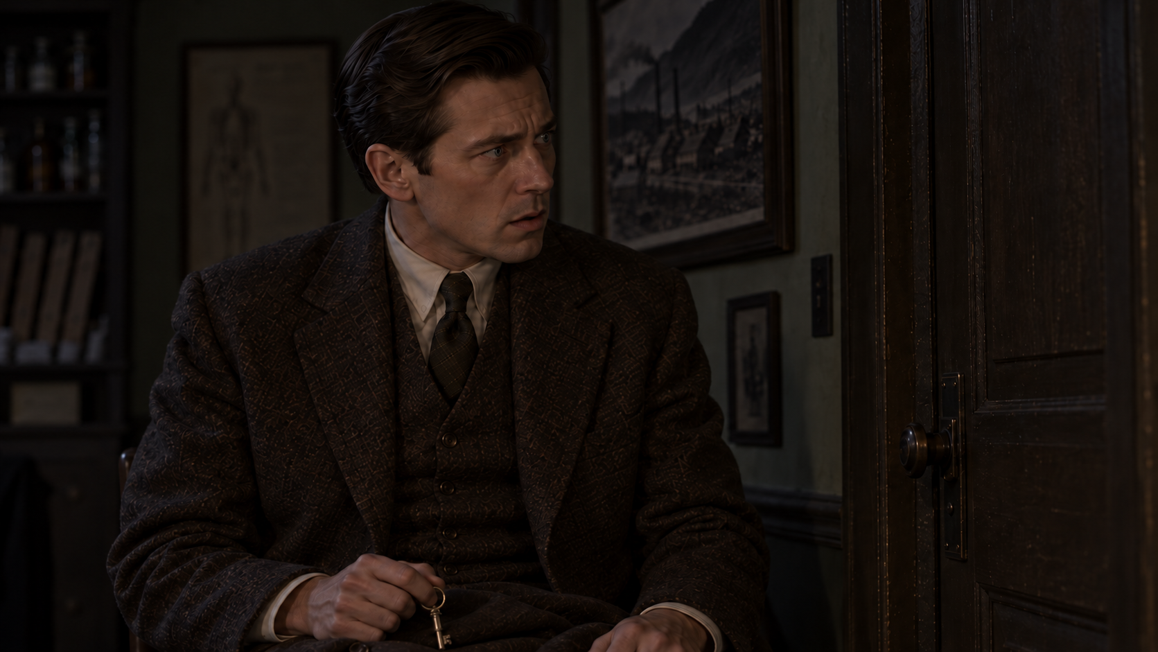 Dr. Novak sits beside the dark clinic door, gripping a key with his mouth parted.