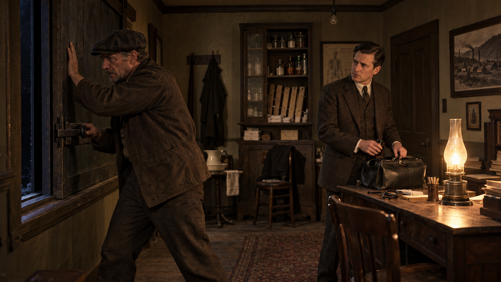 The mine foreman closes an iron shutter while Dr. Novak watches beside his lamp-lit desk.
