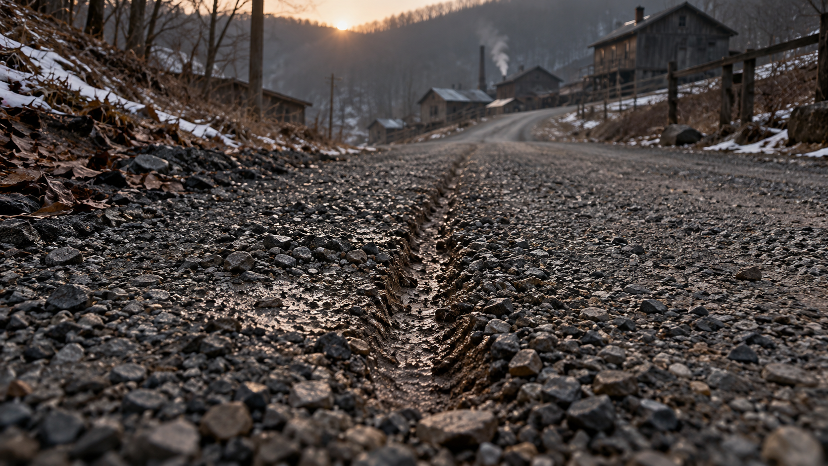A single groove runs uphill through the gravel road, with no footprints beside it.