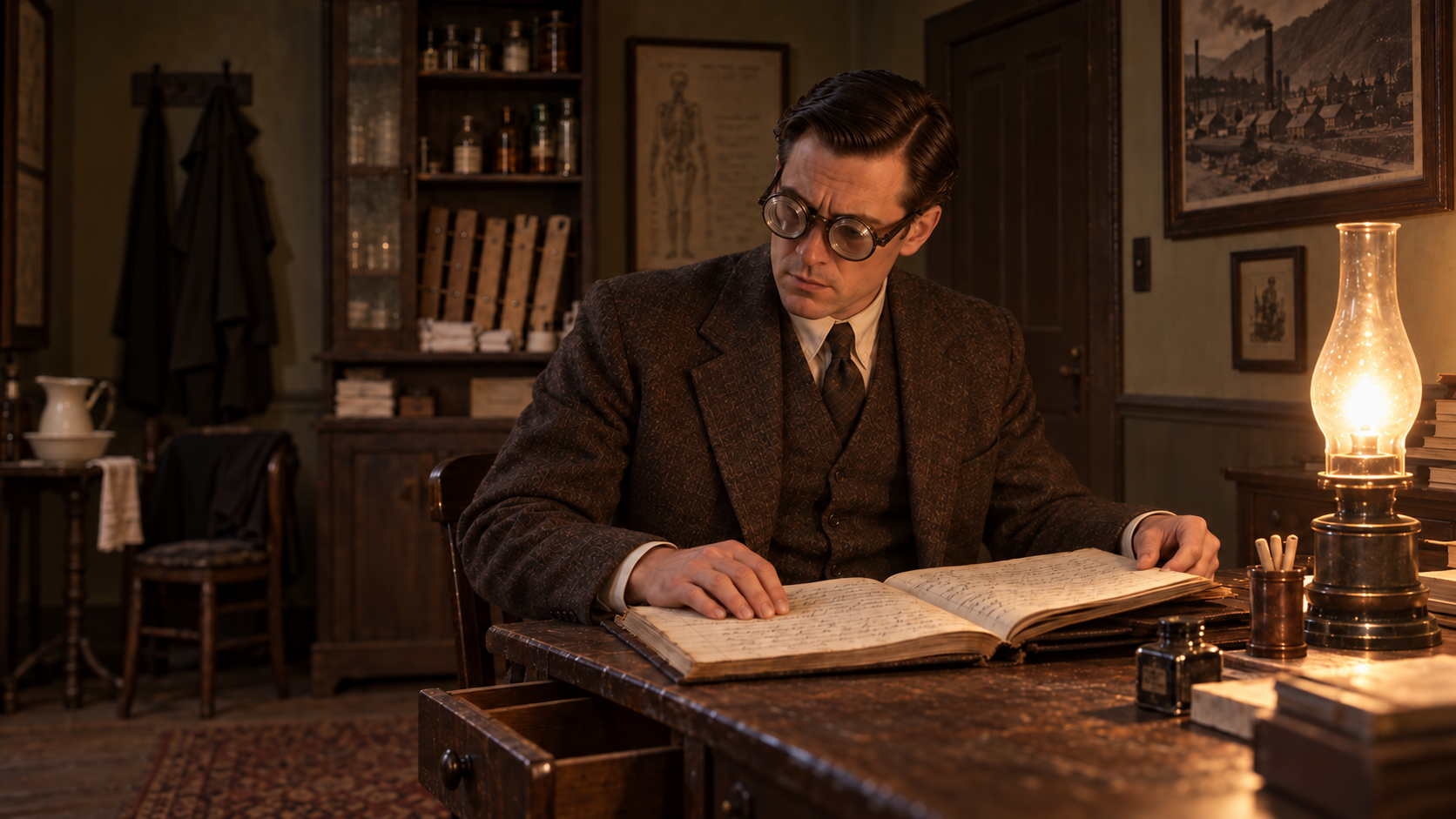 Dr. Novak reads an open ledger through thick round spectacles beside an oil lamp.