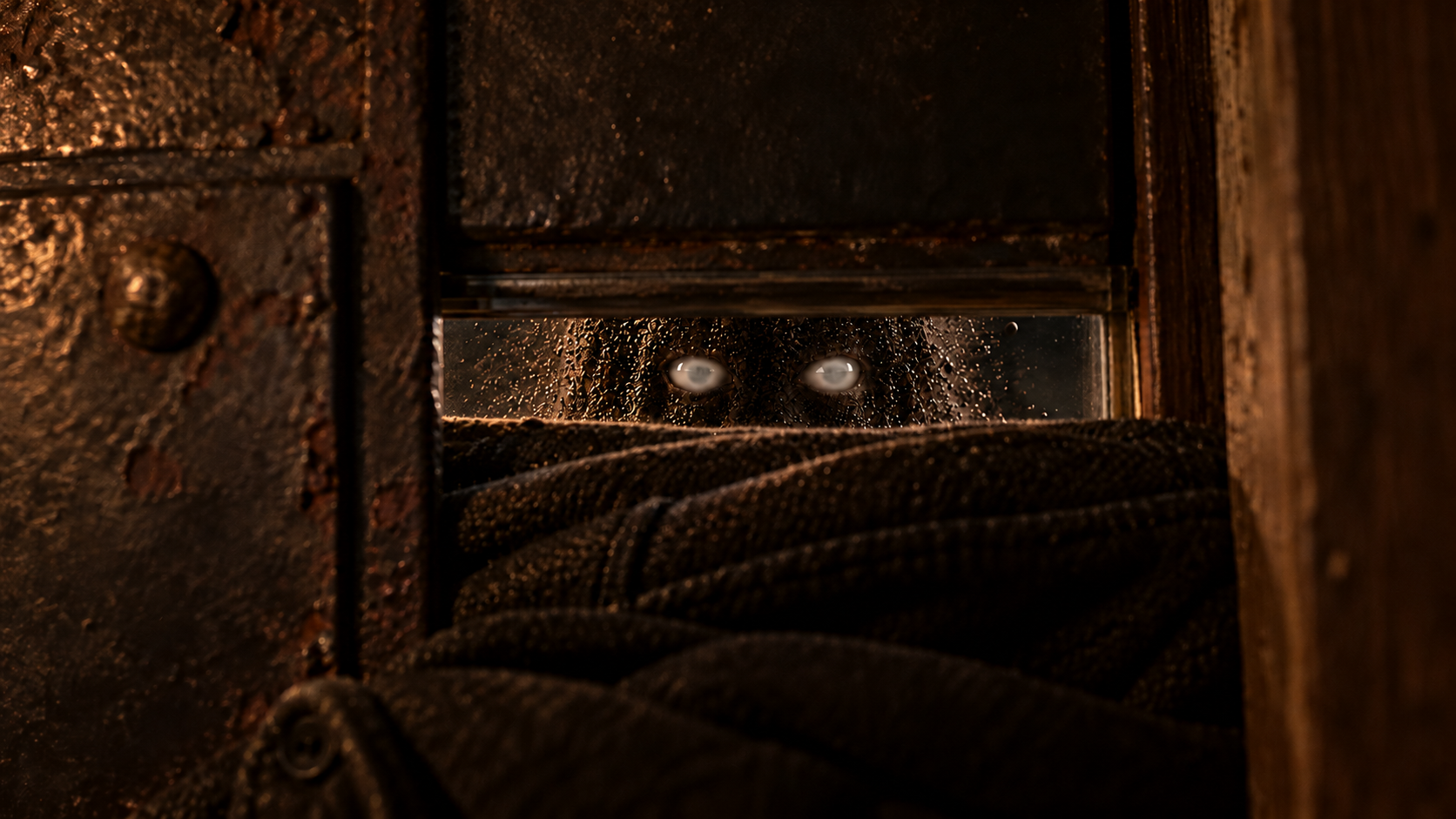 Clouded pale eyes and coal dust appear through a narrow gap between the iron shutter and packed coat.