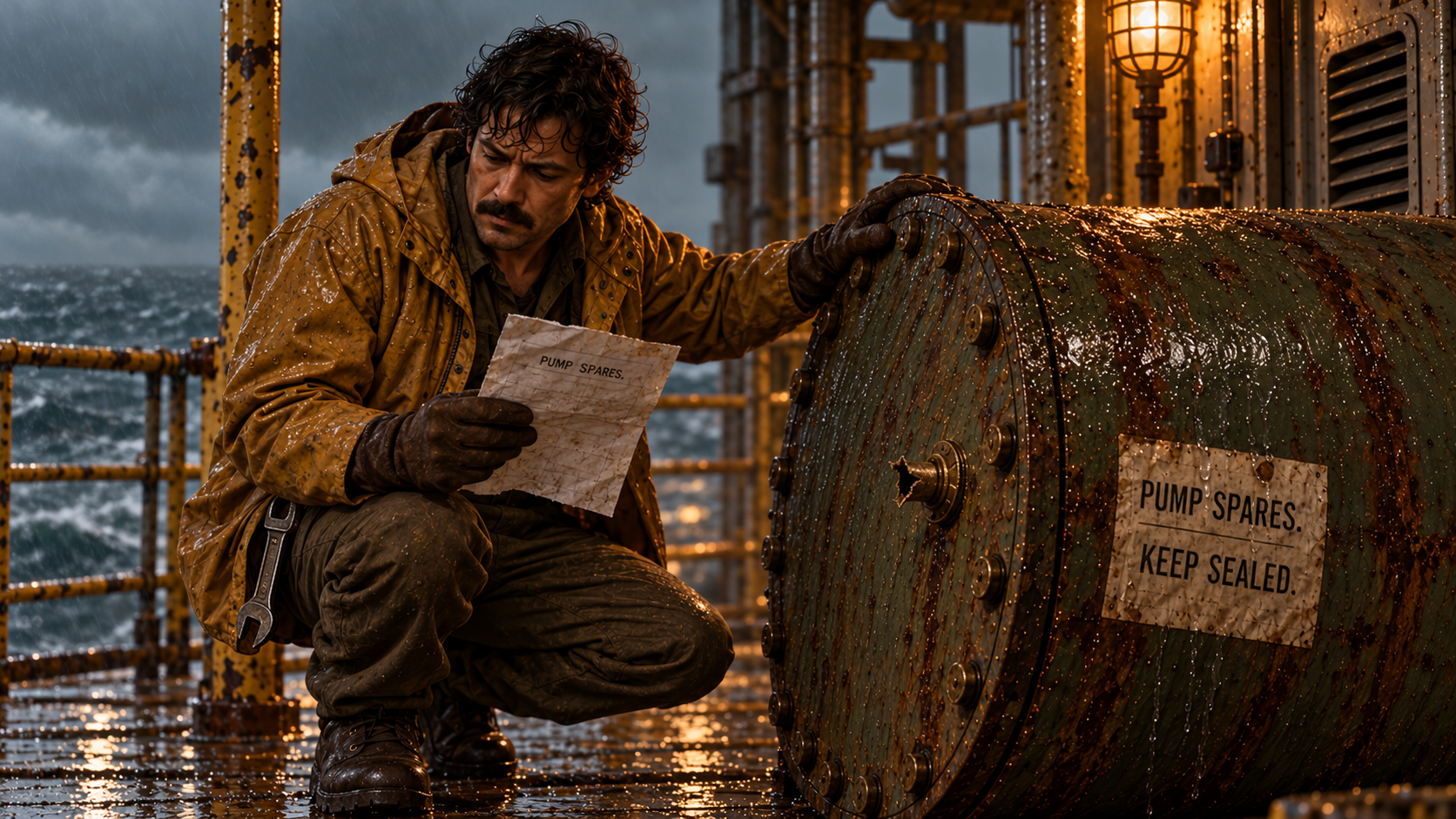 Rafiq studies the cargo manifest beside a rusty drum labeled PUMP SPARES, KEEP SEALED.