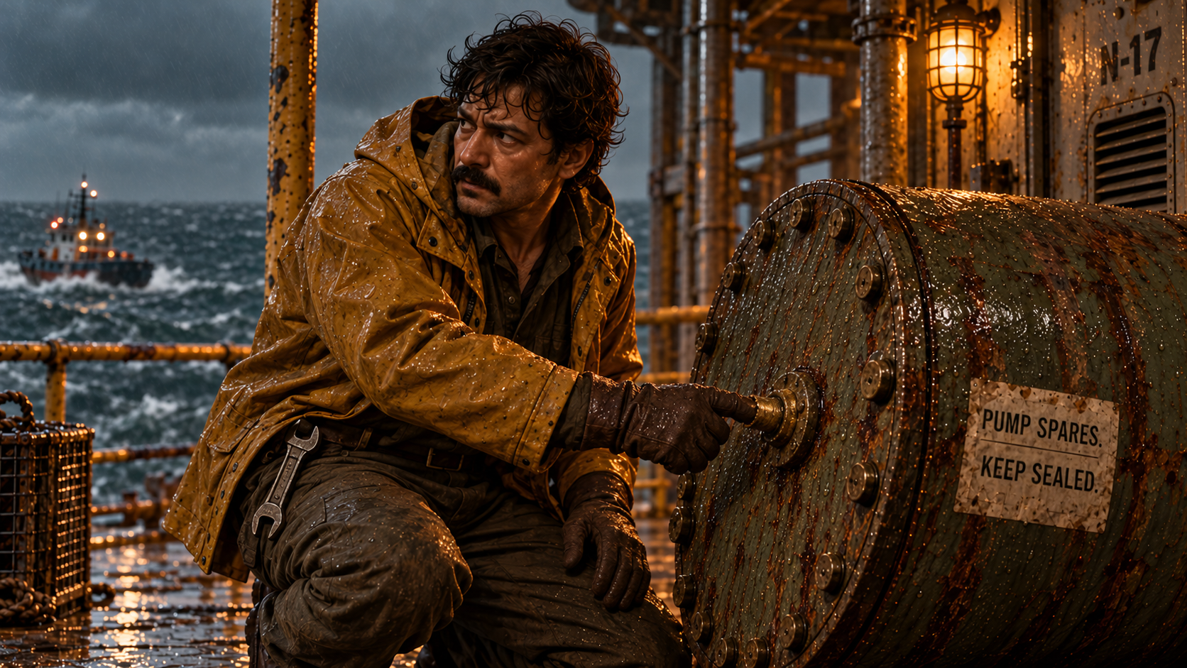 Rafiq covers the damaged brass fitting with a gloved finger on the storm-lashed deck.