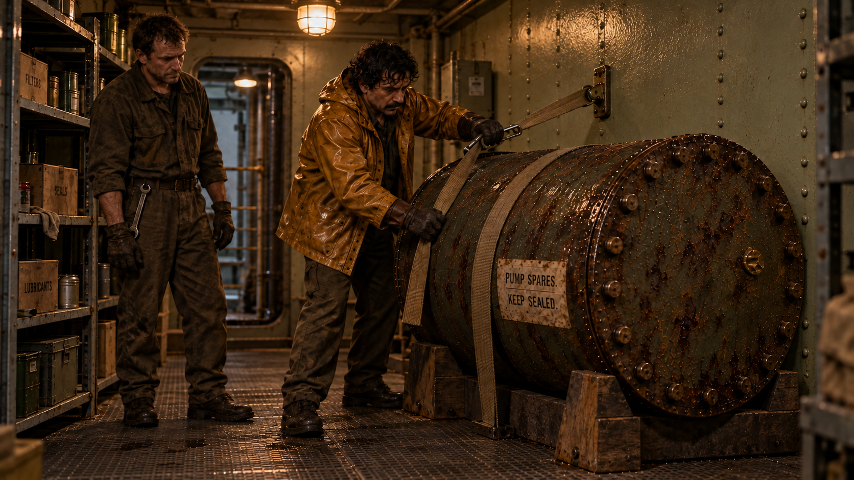 Rafiq and another worker secure the bolted drum inside the platform dry store.