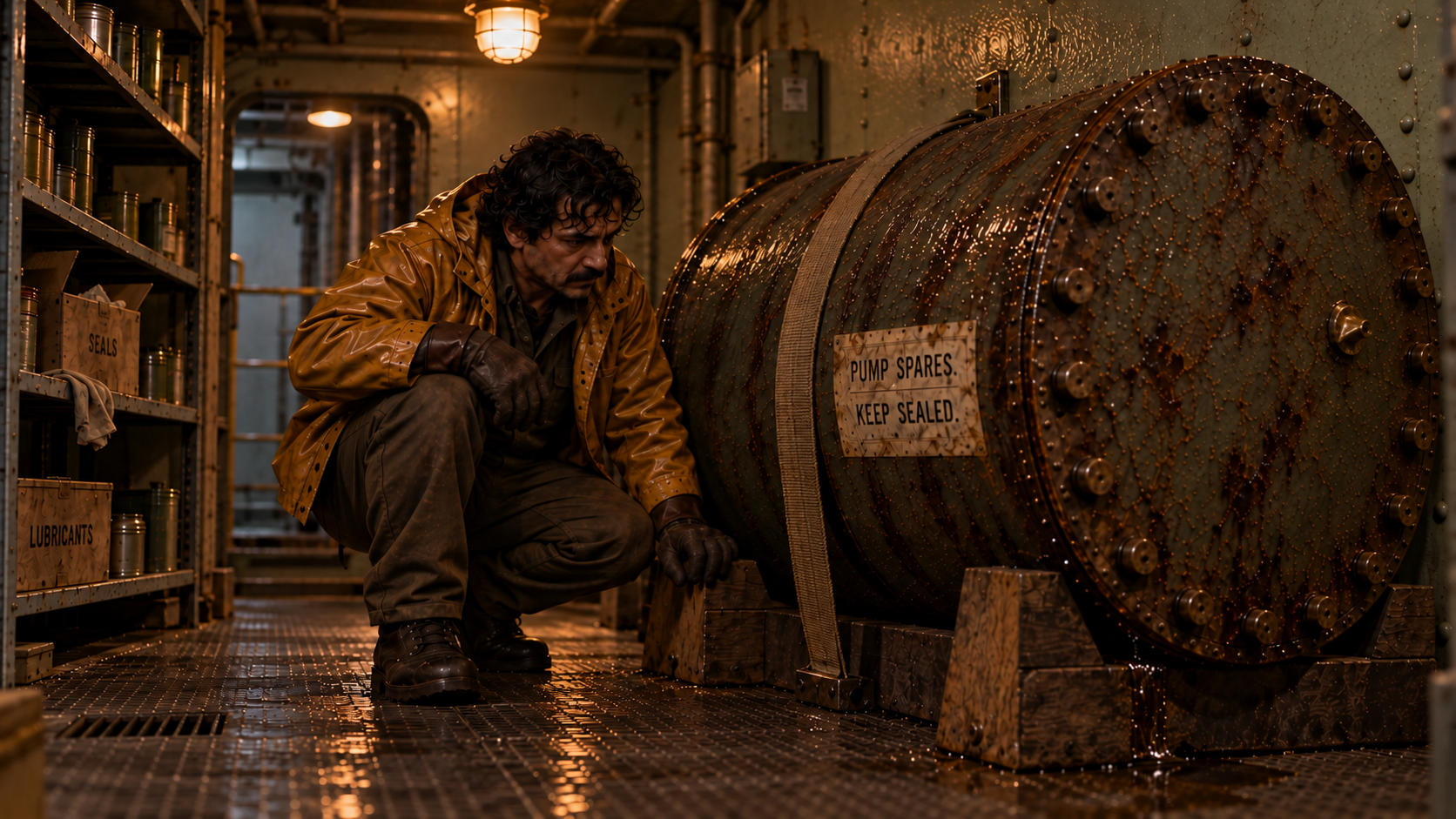 Rafiq crouches beside the stored drum and examines a dark wet seam near its lower rim.