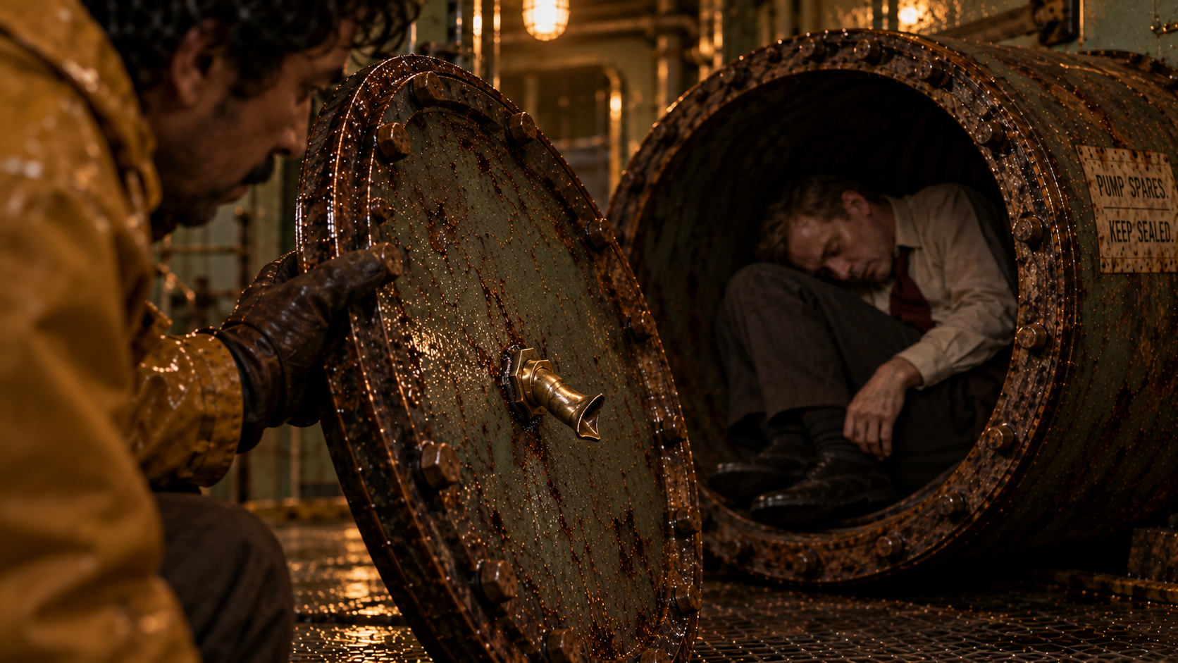Rafiq examines the inner brass fitting beside the opened drum and its concealed passenger.