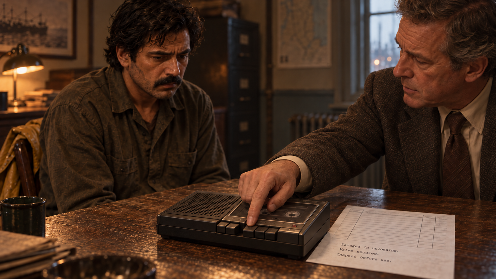 A detective reaches for a cassette player while Rafiq watches across the office table.