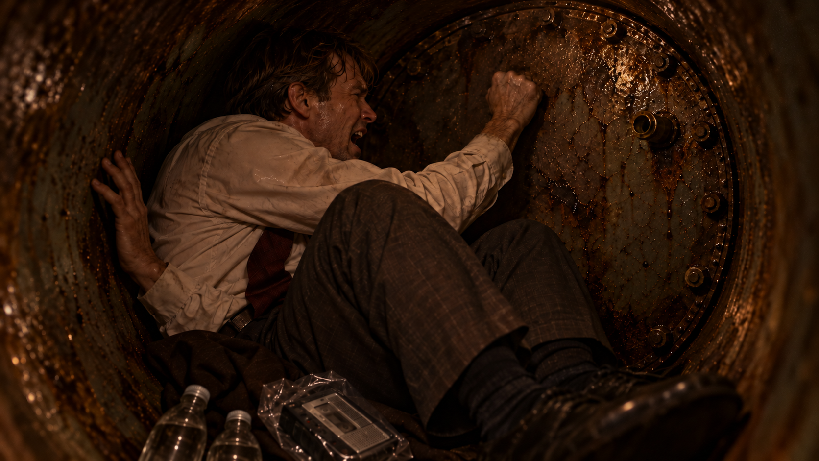 The trapped accountant presses against the bolted lid, with a recorder and two bottles at his feet.