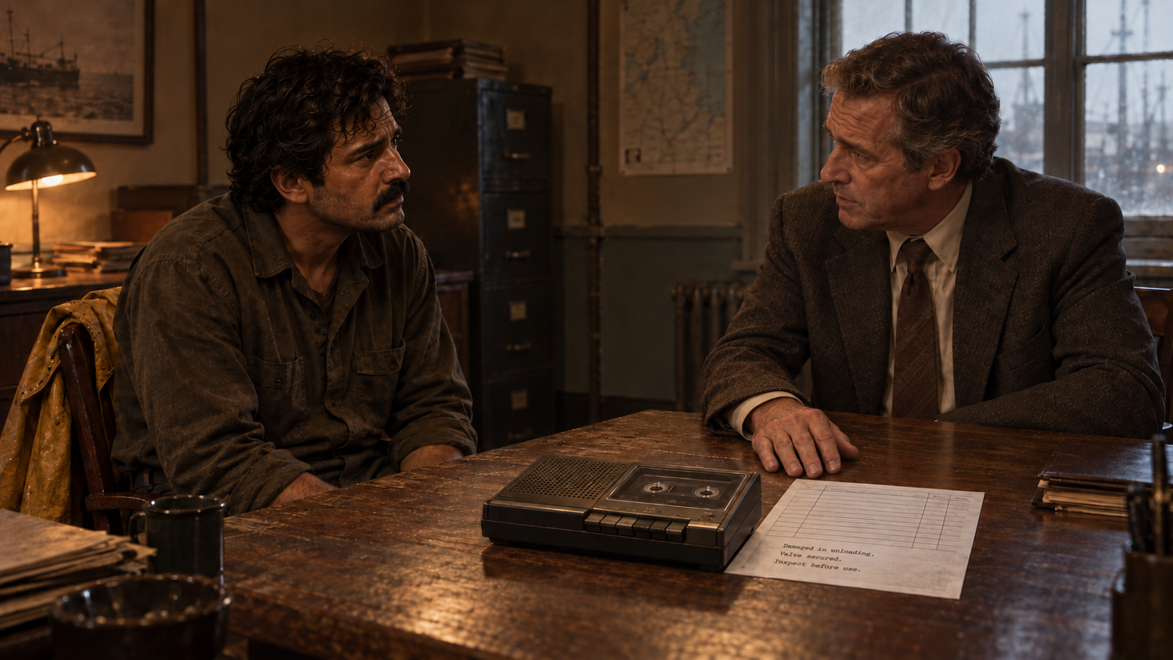 Rafiq looks toward the detective across the cassette player in the quiet shore office.