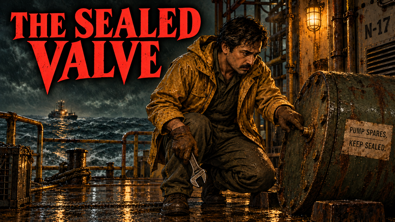 The Sealed Valve title beside Rafiq and a sealed cargo drum on a rain-soaked offshore platform.