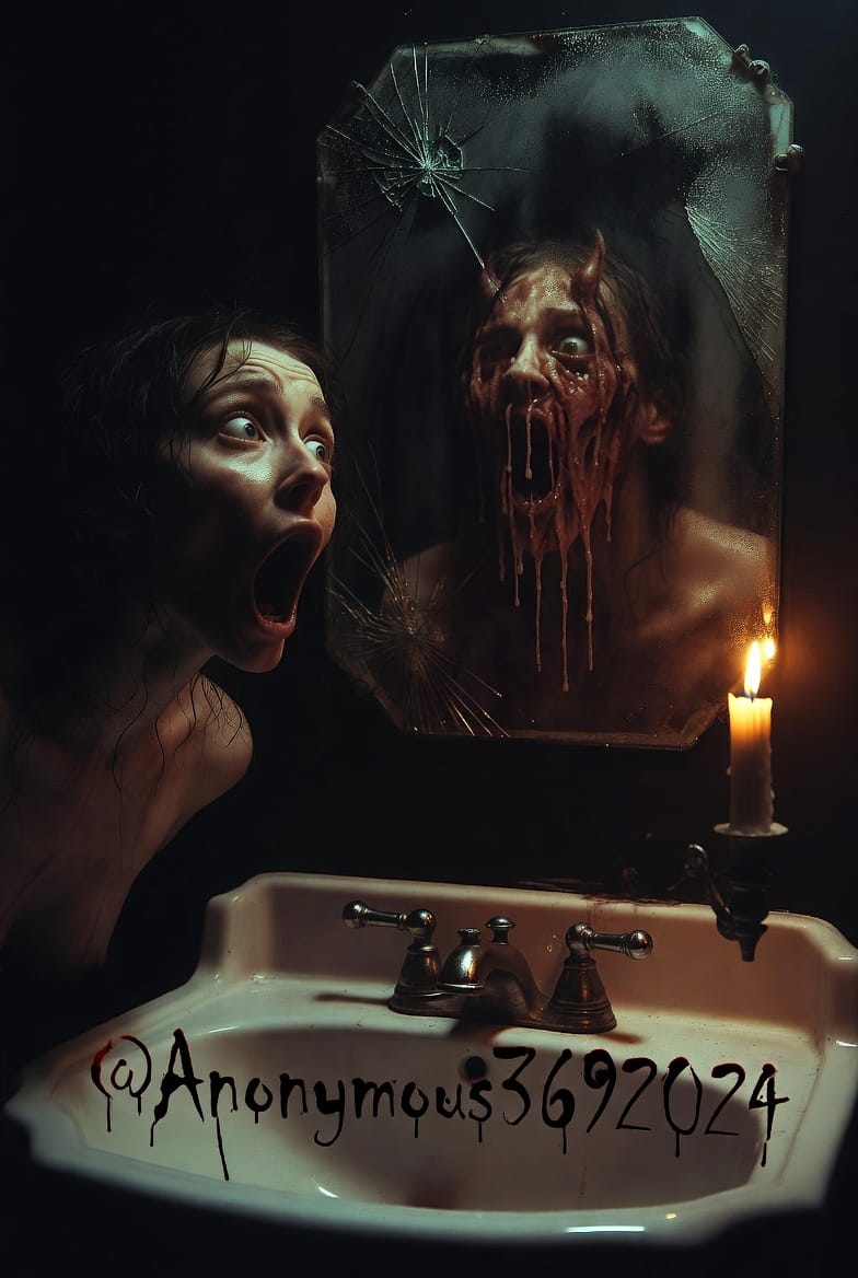 Dim bathroom mirror used as a non-graphic folklore image for the Bloody Mary ritual.
