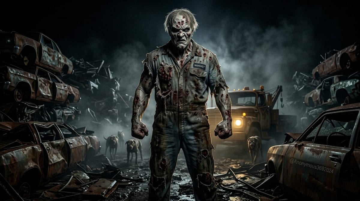 The Juggernaut from Thir13en Ghosts, a scarred undead mechanic in a torn Mahoney jumpsuit, stands with clenched fists in a foggy junkyard among car wrecks, a tow truck, and feral dogs.