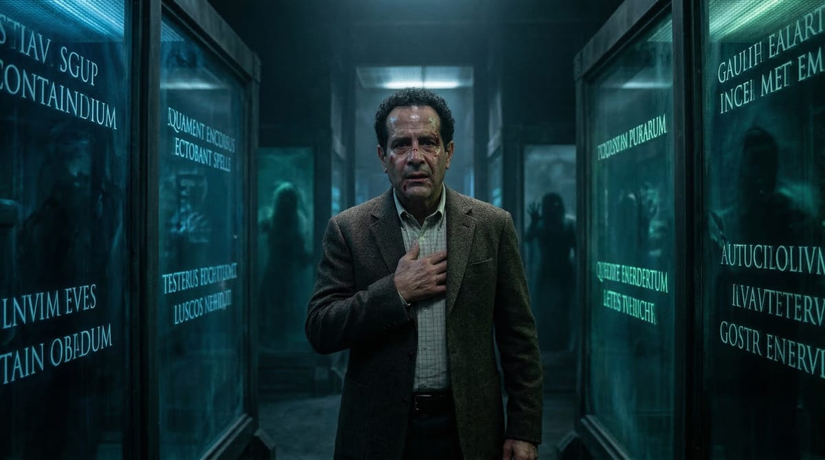 Arthur Kriticos from Thir13en Ghosts stands distressed among glowing glass containment cubes etched with Latin spells as eerie ghost silhouettes loom in the dark, foggy background.