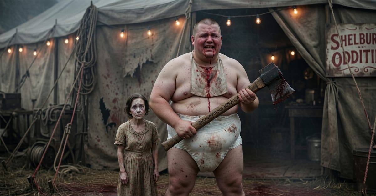 The Great Child and The Dire Mother from Thir13en Ghosts; a giant, bloody man in a diaper holds an axe beside a small woman in front of a grisly Shelburne Oddities circus tent.
