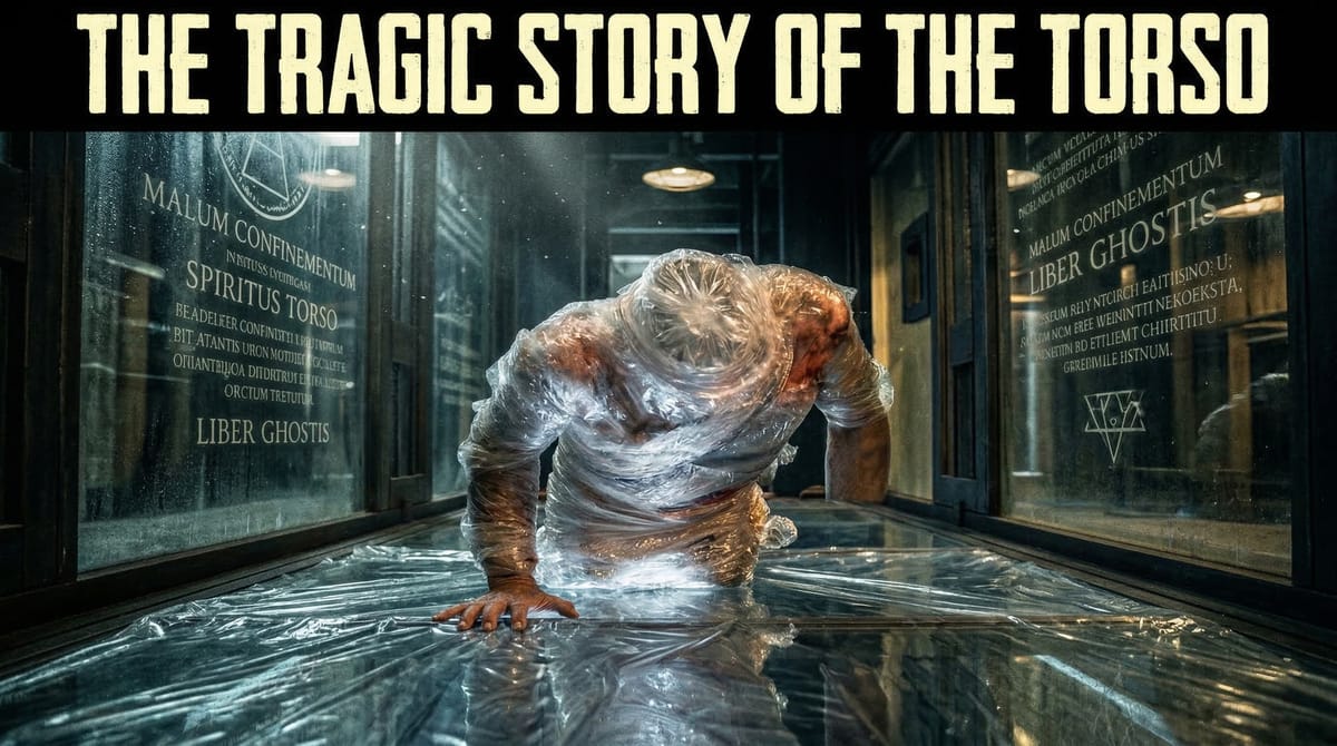 The Torso from Thir13en Ghosts, a bloody, limbless man wrapped in plastic, crawls between glass cases etched with Latin spells. Header text: THE TRAGIC STORY OF THE TORSO.
