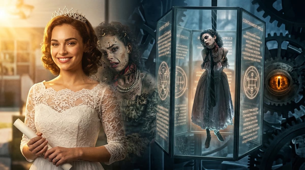 The Bound Woman from Thir13en Ghosts: a woman in a tiara and white lace dress beside her decayed ghost form, which hangs in a glass containment cube near massive, glowing clockwork gears.
