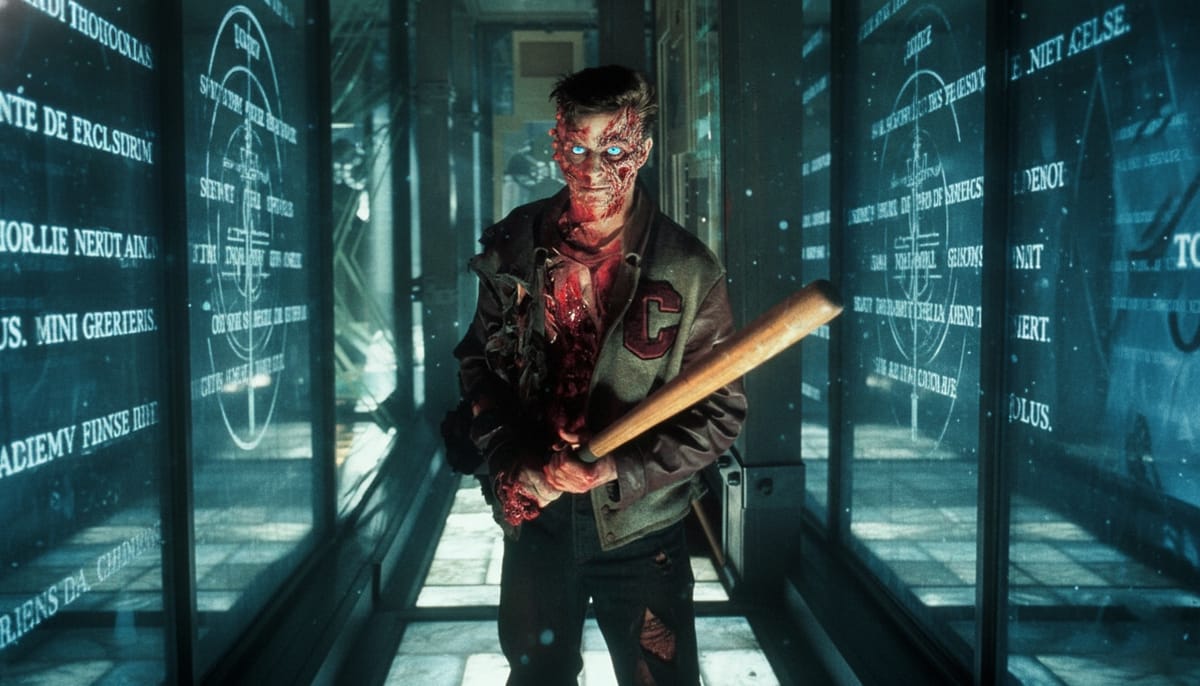 The Torn Prince from Thir13en Ghosts, a mutilated ghost in a varsity jacket with glowing blue eyes, grips a baseball bat between glowing glass walls etched with Latin containment spells.