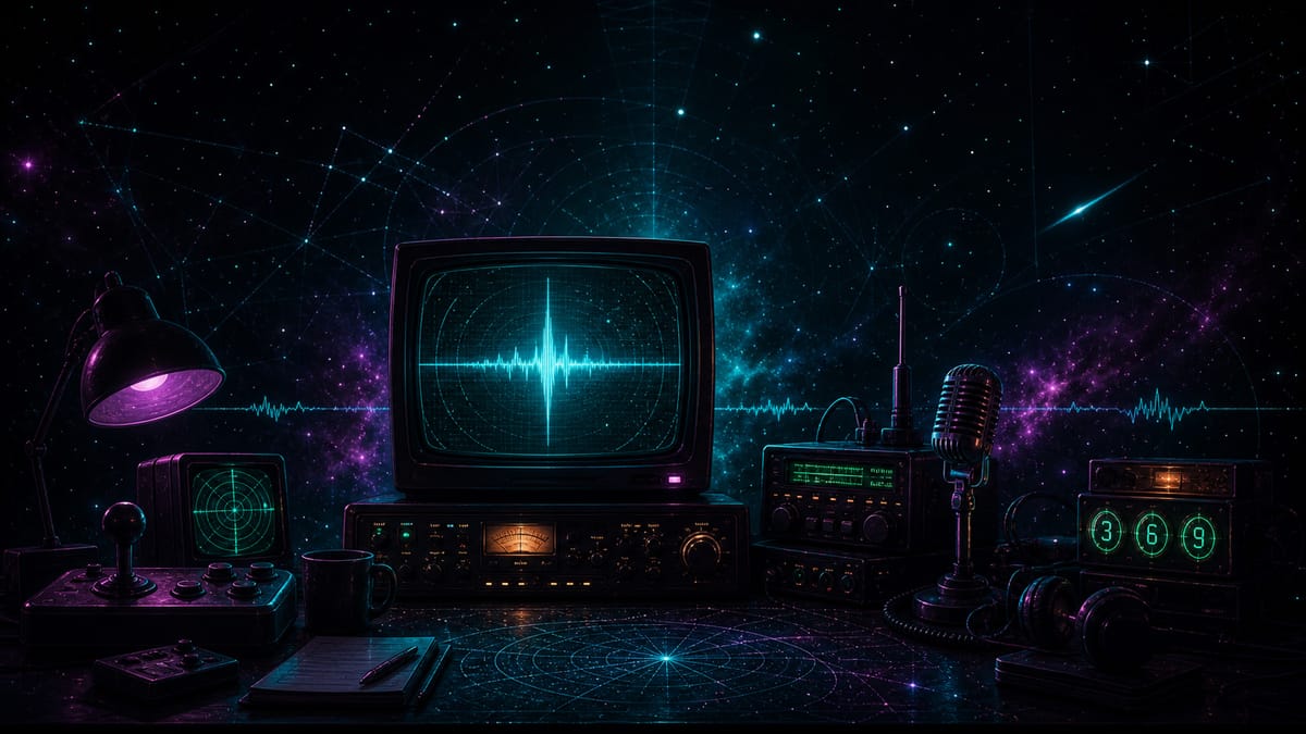 Retro cosmic broadcast desk with a glowing CRT signal monitor, radio equipment, microphone, and neon 369 display against a starry deep-space backdrop.