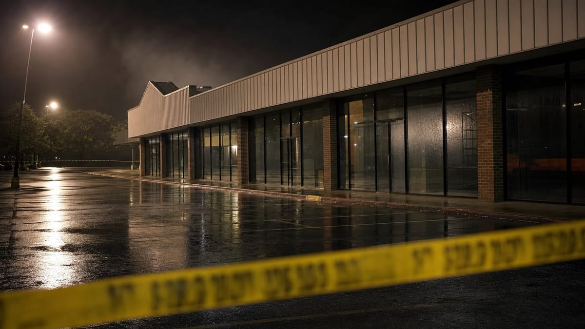 A wet 1990s strip mall exterior at night representing the Austin Yogurt Shop Murders case.